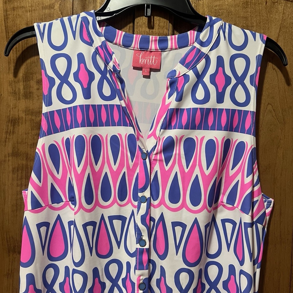 Britt By Britt Ryan Dress Sleeveless V Neck Stretch Sheath Blue Pink Large View 2